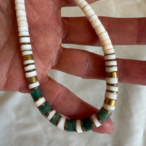 Vintage Heishe Aventurine and Quartz stone and brass necklace 17.5 inches - Picture 7 of 13